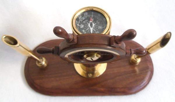 Doppel- Stifthalter- Schiffsstand- Steuerrad mit Kompass aus Holz und Messing