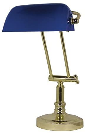 Schreibtisch/Bankierlampe Messingfuß mit Kniegelenk H. bis max. 45 cm- mit Glasschirm blau- schwenkbar