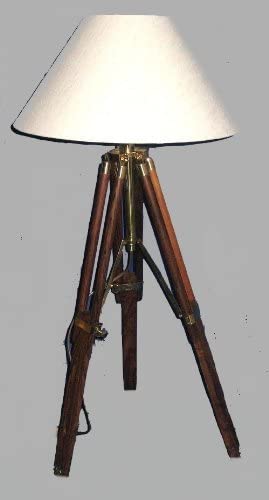 Stativlampe- Stehlampe- Tripod- Dreibeinlampe- Retro Klassiker aus Holz und Messing, Stoffschirm