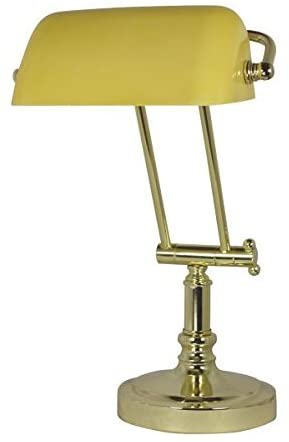 Schreibtisch/Bankierlampe Messingfuß mit Kniegelenk H. bis max. 45 cm- mit Glasschirm gelb- schwenkbar