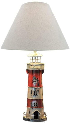 Tischlampe mit Stoffschirm- maritim- Metall- Shabby- rot- Leuchtturm