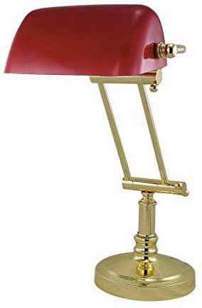 Schreibtisch/Bankierlampe Messingfuß mit Kniegelenk H. bis max. 45 cm- mit Glasschirm rot- schwenkbar
