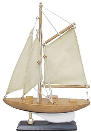 Kleine Yacht, Segelschiff, Schiffsmodell Segler aus Holz mit Leinensegeln