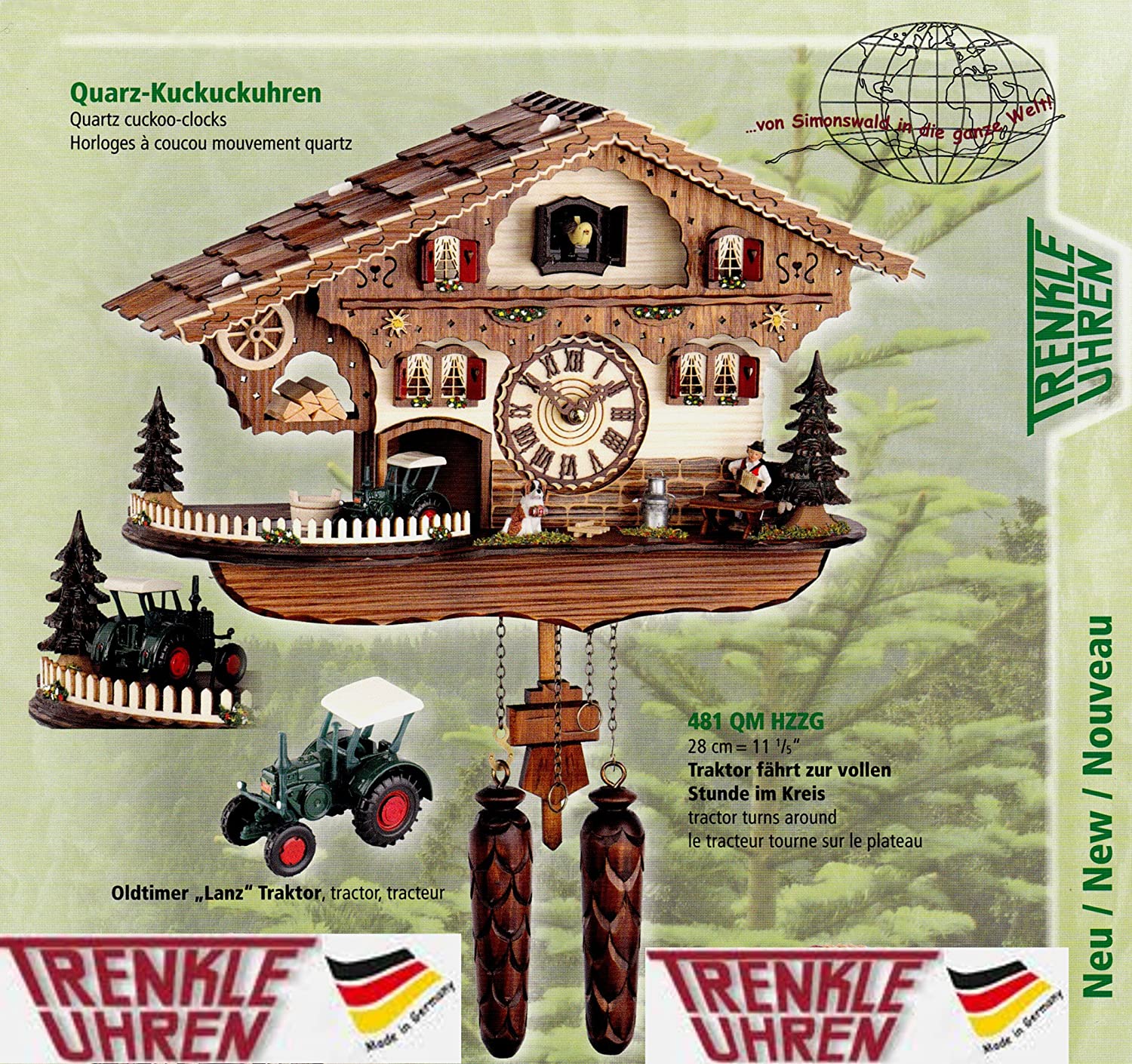 Trenkle- Kuckucksuhr- mit Traktor Lanz- Oldtimer fährt Jede volle Stunde sowie 12 Melodien- Cuckoo Clocks- Schwarzwald