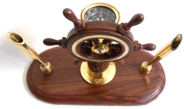 Doppel- Stifthalter- Schiffsstand- Steuerrad mit Kompass aus Holz und Messing