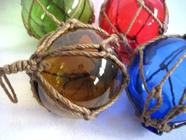 4 Große Fischerkugeln im Netz- grün, blau, rot und ambere(braun) 15 cm
