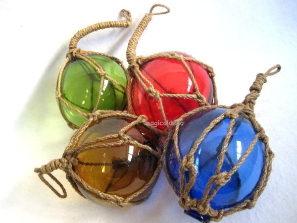 4 Fischerkugeln im Netz- grün, blau, rot und ambere(braun) 10 cm