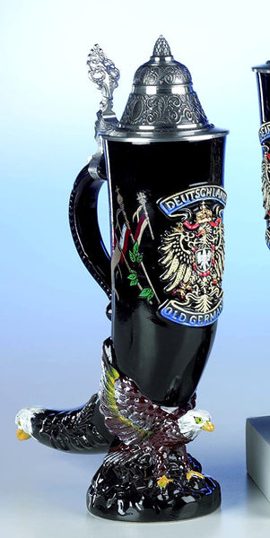 King- Aufwendiger Bierkrug - Horn mit Reliefadler - German Beer Stein, Beer Mug - Feinsteinzeug, handbemalt mit Deckel aus Zinn 97% limitiert