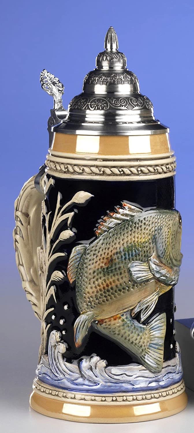 King- Aufwendiger Relief Bierkrug -maritim- Fisch- Fish - German Beer Stein, Beer Mug - Feinsteinzeug, handbemalt mit Deckel aus Zinn