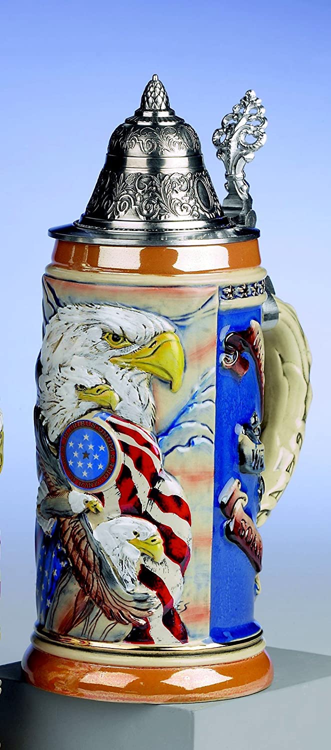 King- Aufwendiger Relief Bierkrug -Adler der Freiheit - EAGLES OF FREEDOM- German Beer Stein, Beer Mug - Feinsteinzeug, handbemalt mit Deckel aus Zinn 97% limitiert
