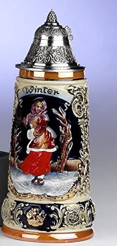 King- Aufwendiger Relief Bierkrug -Spitzdeckel- Jahreszeiten- Winter- Sternzeichen 24K vergoldet- German Beer Stein, Beer Mug - Feinsteinzeug, handbemalt mit Deckel aus Zinn 97% limitiert