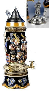 King- 1 Liter Relief Zapfsäule -Festkrug -mit Musik und Meisterdrunkfigurendeckel- Feinsteinzeug, handbemalt mit Deckel aus Zinn