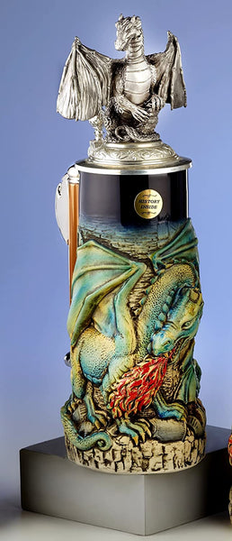 King-  Aufwendiger Relief Bierkrug -Drache- Dragon- German Beer Stein, Beer Mug - Feinsteinzeug, handbemalt mit Deckel aus Zinn 97% limitiert