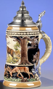 King- Aufwendiger Relief Bierkrug - Tierwelt Alpentiere- Kobalt- German Beer Stein, Beer Mug - Feinsteinzeug, handbemalt mit Deckel aus Zinn 97% limitiert