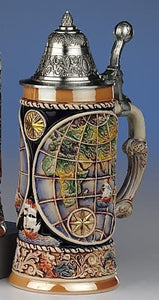 King- Aufwendiger Relief Bierseidel - Weltkarte- Ship-Globe- German Beer Stein, Beer Mug - Feinsteinzeug, handbemalt mit Deckel aus Zinn