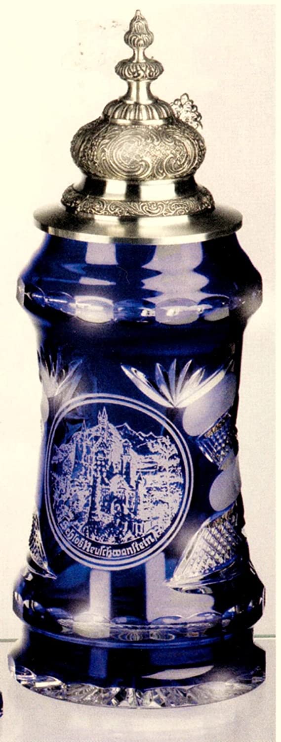 King- Kristall Bierkrug Raute/Facette - NEUSCHWANSTEIN - Facondeckel - Faconlid- GERMANY- German Beer Stein, Beer Mug - mit Deckel aus Zinn 97% limitiert
