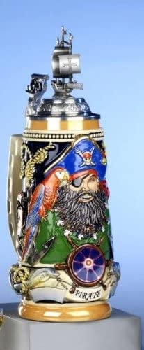 King- Aufwendiger Relief Bierkrug - maritim- Pirat- Schiff- Ship- German Beer Stein, Beer Mug - Feinsteinzeug, handbemalt mit Deckel aus Zinn