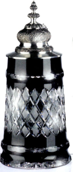 King-  Diamantschliff -Schwarzer Kristall Bierkrug Raute/Facette -Facondeckel - Facontlid- GERMANY- German Beer Stein, Beer Mug - mit Deckel aus Zinn 97% limitiert