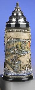 King- Bierkrug Relief Bierseidel -maritim- Fisch- Fish - German Beer Stein, Beer Mug - Feinsteinzeug, handbemalt mit Deckel aus Zinn