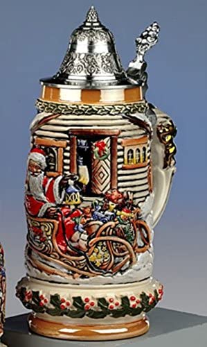 King- Aufwendiger Relief Bierkrug - Weihnachtsmann mit Schlitten- Kobalt- German Beer Stein, Beer Mug - Feinsteinzeug, handbemalt mit Deckel aus Zinn 97% limitiert