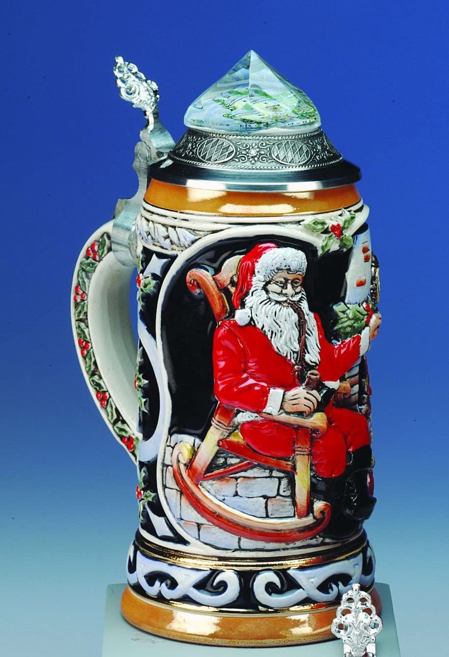 King-  Aufwendiger Relief Bierkrug - Santa Claus mit Kristalldeckel- Kapelle- kobalt- German Beer Stein, Beer Mug - Feinsteinzeug, handbemalt mit Deckel aus Zinn 97% limitiert