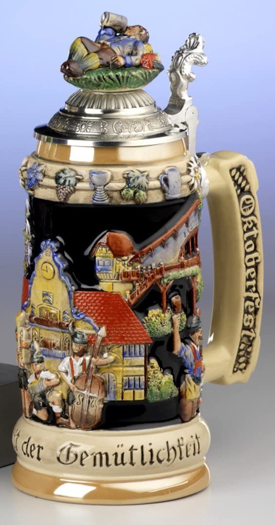 King- Aufwendiger Relief Bierkrug/Bierseidel- Figurendeckel- liegender Biertrinker Feierabend- Kobalt- German Beer Stein, Beer Mug - Feinsteinzeug, handbemalt mit Deckel aus Zinn 97% limitiert