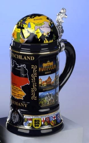 King- Bierkrug Halbrelief Bierseidel -Deutschland mit Globusdeckel - 16 Bundesländer, Nationalfarben