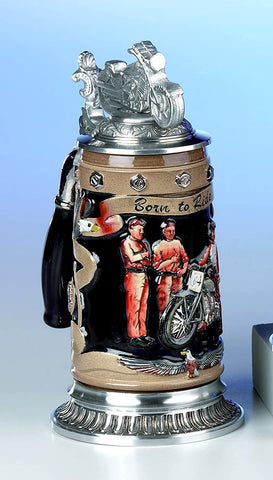 King- Aufwendiger Relief Bierkrug - Motorrad Seidel mit Zinnfuß - German Beer Stein, Beer Mug - Feinsteinzeug, handbemalt mit Deckel aus Zinn 97% limitiert