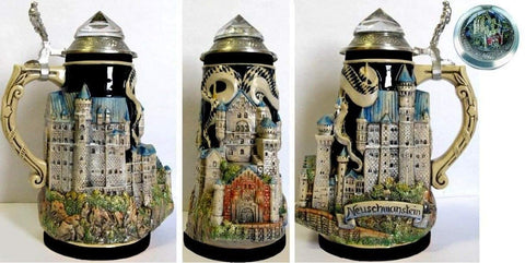 King- Aufwendiger 3D-Relief Bierkrug - Neuschwanstein mit Kristalldeckel- 0,7 Liter- German Beer Stein, Beer Mug - Feinsteinzeug, handbemalt mit Deckel aus Zinn 97% limitiert