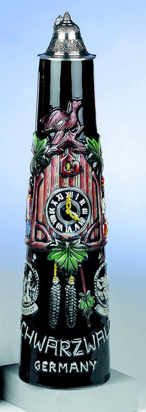 King- 2L-Aufwendiger Relief Bierkrug -Schwarzwald Kuckucksuhren Pinte- Kobalt - Cuckoo- Clock JUG- German Beer Stein, Beer Mug - Feinsteinzeug, handbemalt mit Deckel aus Zinn 97% limitiert