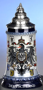 King- Bierkrug - Bierkrug - Andenkenkrug- Deutschland 0,25 L - German Beer Stein, Beer Mug - Feinsteinzeug mit Deckel aus Zinn 97%