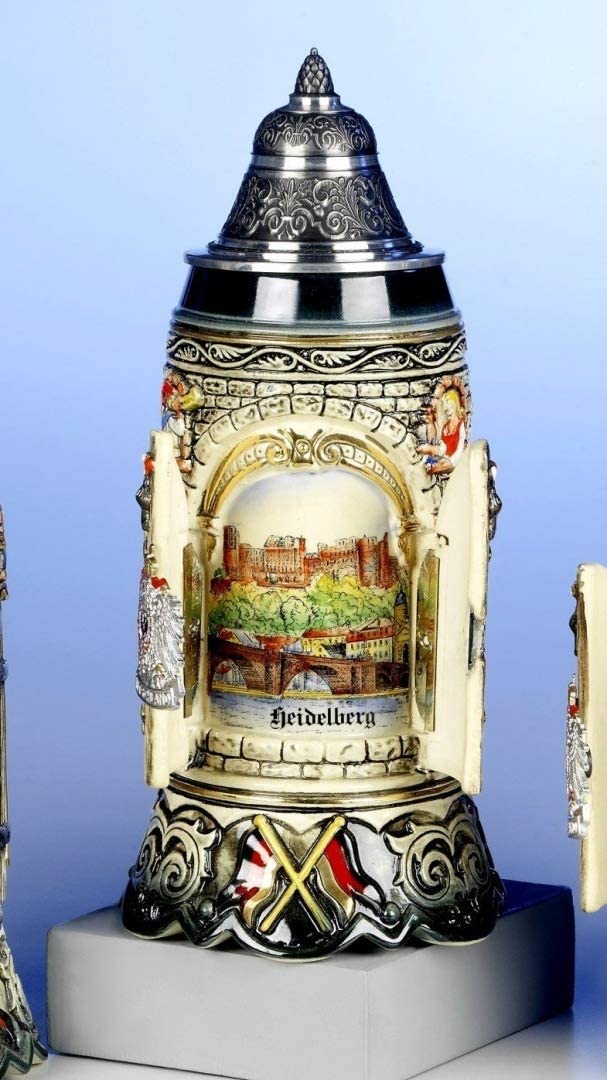 King- Aufwendiger Relief Bierkrug - Heidelberg auch Wunschmotiv möglich, 0,75 L mit Burgtor zum öffnen- German Beer Stein, Beer Mug - Feinsteinzeug, handbemalt mit Deckel aus Zinn 97% limitiert