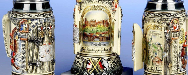 King- Aufwendiger Relief Bierkrug - Heidelberg auch Wunschmotiv möglich, 0,75 L mit Burgtor zum öffnen- German Beer Stein, Beer Mug - Feinsteinzeug, handbemalt mit Deckel aus Zinn 97% limitiert