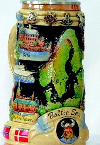 King- Aufwendiger Relief Bierkrug -Spitzdeckeldeckel- Baltic Sea Panorama, Kobalt- German Beer Stein, Beer Mug - Feinsteinzeug, handbemalt mit Deckel aus Zinn 97% limitiert