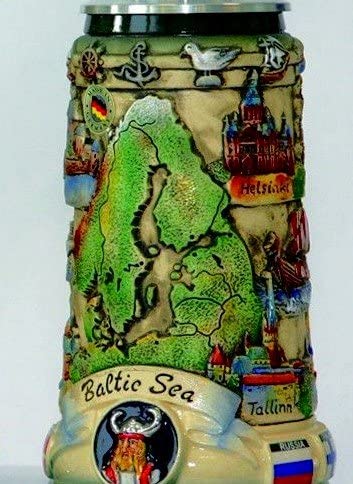 King- Aufwendiger Relief Bierkrug -Spitzdeckel- Baltic Sea Panorama- German Beer Stein, Beer Mug - Feinsteinzeug, handbemalt mit Deckel aus Zinn 97% limitiert