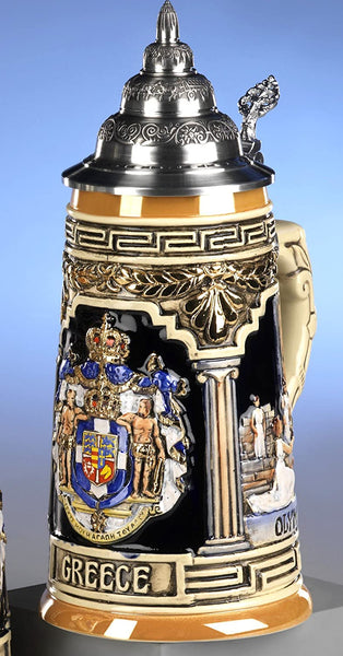 King-  Aufwendiger Relief Bierkrug - Greece- kobalt- German Beer Stein, Beer Mug - Feinsteinzeug, handbemalt mit Deckel aus Zinn 97% limitiert
