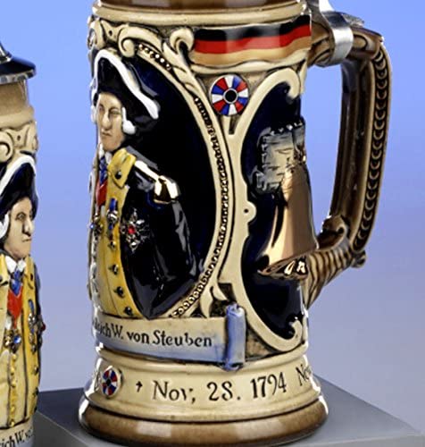 King-  Aufwendiger Relief Bierkrug - General von Steuben mit Adlerdeckel- kobalt- German Beer Stein, Beer Mug - Feinsteinzeug, handbemalt mit Deckel aus Zinn 97% limitiert