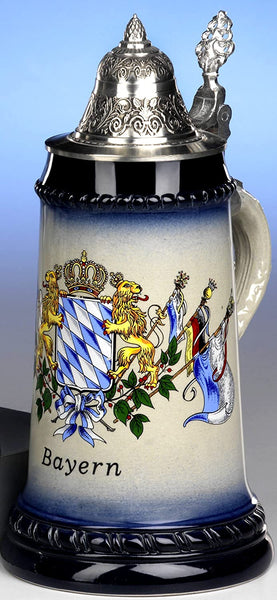 King- Bierkrug - Andenkenkrug- Bayernwappen 0,5 L - German Beer Stein, Beer Mug - Feinsteinzeug mit Deckel aus Zinn 97%