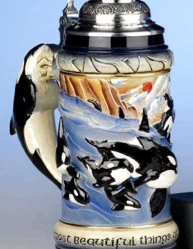 King- Aufwendiger Relief Bierseidel - Wale- Whales, Orca- German Beer Stein, Beer Mug - Feinsteinzeug, handbemalt mit Deckel aus Zinn