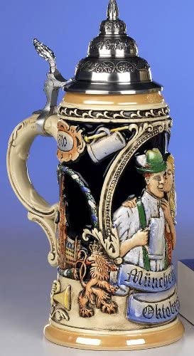 King- Aufwendiger Relief Bierkrug -Spitzdeckel- 200 Jahre Oktoberfest- German Beer Stein, Beer Mug - Feinsteinzeug, handbemalt mit Deckel aus Zinn 97% limitiert