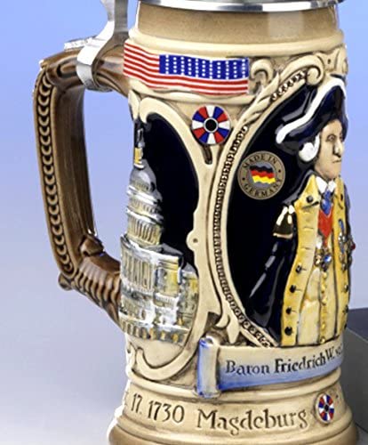 King-  Aufwendiger Relief Bierkrug - General von Steuben mit Adlerdeckel- kobalt- German Beer Stein, Beer Mug - Feinsteinzeug, handbemalt mit Deckel aus Zinn 97% limitiert