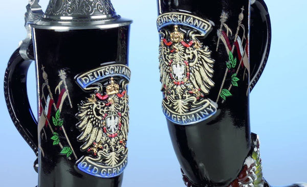 King- Aufwendiger Bierkrug - Horn mit Reliefadler - German Beer Stein, Beer Mug - Feinsteinzeug, handbemalt mit Deckel aus Zinn 97% limitiert