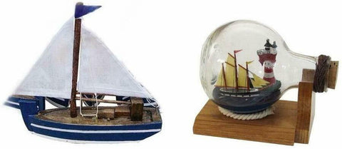 Boot-Holzrumpf/Stoffsegel 10 cm+ Buddelschiff +Leuchtturm 10,5 cm