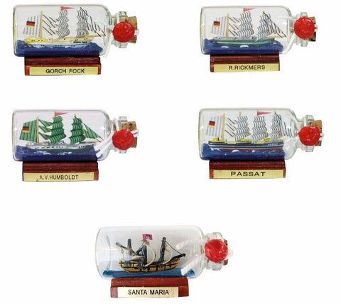 5er Set kleine Buddelschiffe-Gorch Fock, Humboldt, Passat, Santa Maria und Rickm