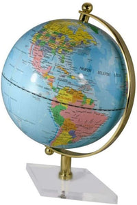 Edler Globus mit Messing H 30 cm- Fuß transparent- Farbe hellblau