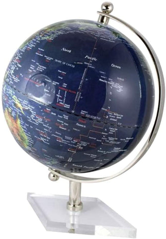 Großer Globus mit Messing, vernickelt-  Fuß transparent- Farbe dunkelblau