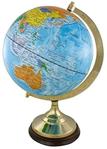 Edler Globus auf Holzstand H 47 cm- Messinggestell- hellblau