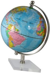 Kleiner Globus mit Messing, vernickelt H 20 cm- Fuß transparent- Farbe hellblau