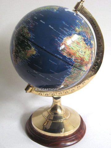 Edler Globus auf Holzstand H 47 cm- Messinggestell- blau