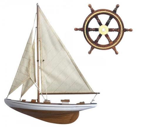 Steuerrad 45 cm mit Taueinlage + Rumpf Halbmodell - Schiffsmodell Segelyacht